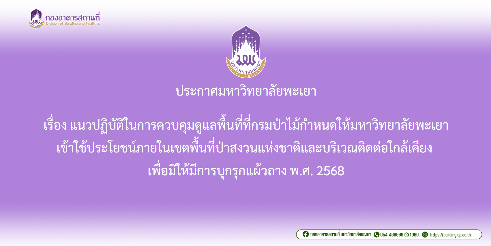 แนวปฏิบัติในการควบคุมดูแลพื้นที่ที่กรมป่าไม้กำหนดให้มหาวิทยาลัยพะเยาเข้าใช้ประโยชน์ภายในเขตพื้นที่ป่าสงวนแห่งชาติและบริเวณติดต่อใกล้เคียงเพื่อมิให้มีการบุกรุกแผ้วถาง พ.ศ. 2568